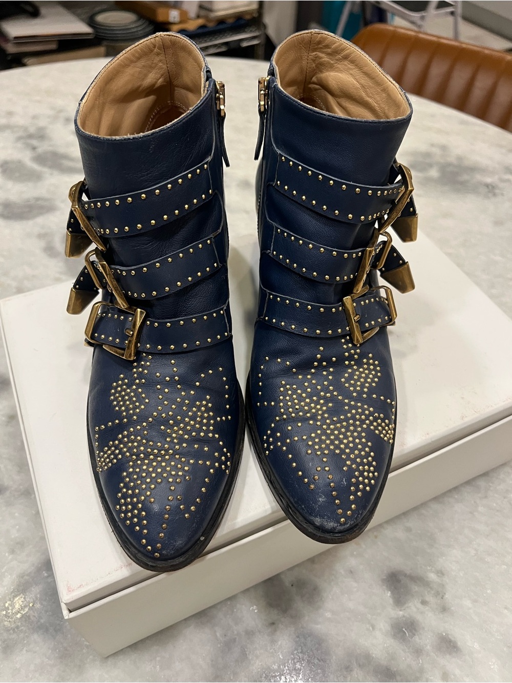 Chloe Navy Leather Studded Buckle Ankle Boots